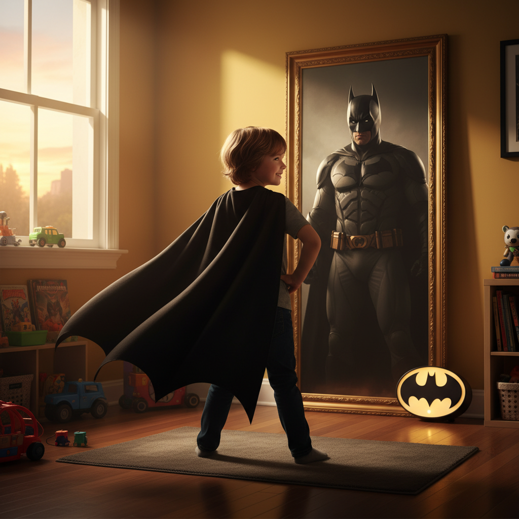 Criança com capa de Batman — o Efeito Batman na psicologia
